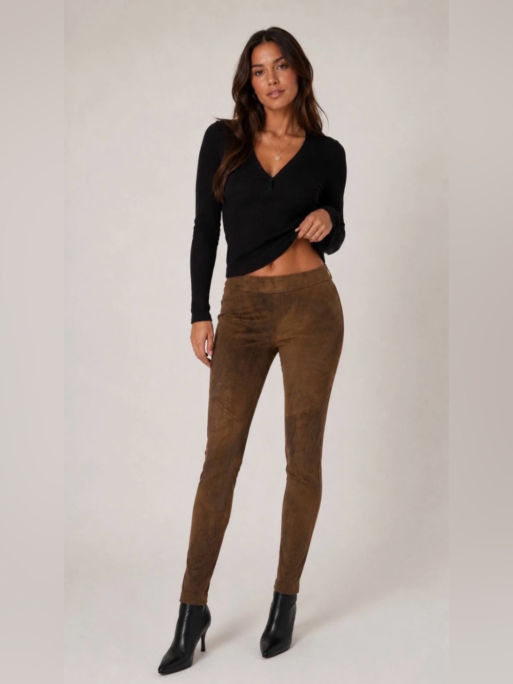 Free People Faux Suede Moto Leggings Brown Distressed Stretch Skinny Pants 29